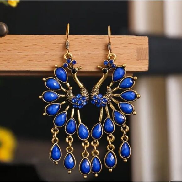Gold & Blue Peacock Statement Dangle Earrings - Picture 1 of 2